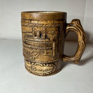 Vtg Walt Disney World Coffee Mug Cup Brown Ceramic Textured Faux Wood Riverboat